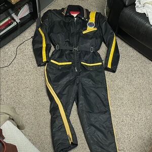 Vintages 70s downfilled puffer Black and reflective Yellow stripe snow/ski Suit